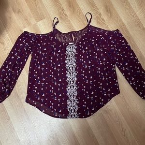 Burgundy/Pink/Blue Floral Patterned Long Sleeve Blouse